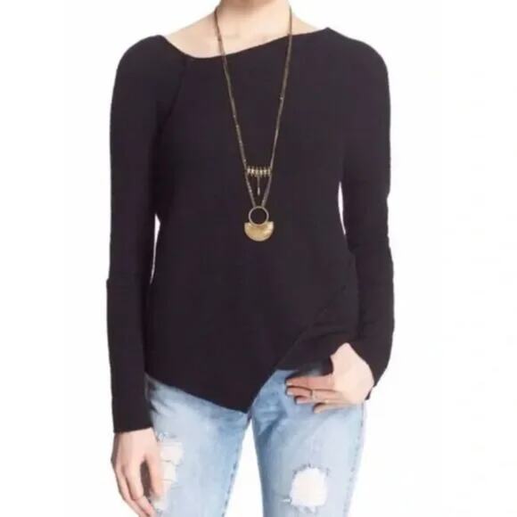 Free People Asymmetric Neckline Black Sweater Wool Blend Pullover Size S - Picture 1 of 5